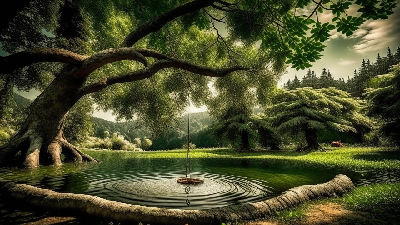 Tranquil Forest Pond with Swing and Lush Greenery