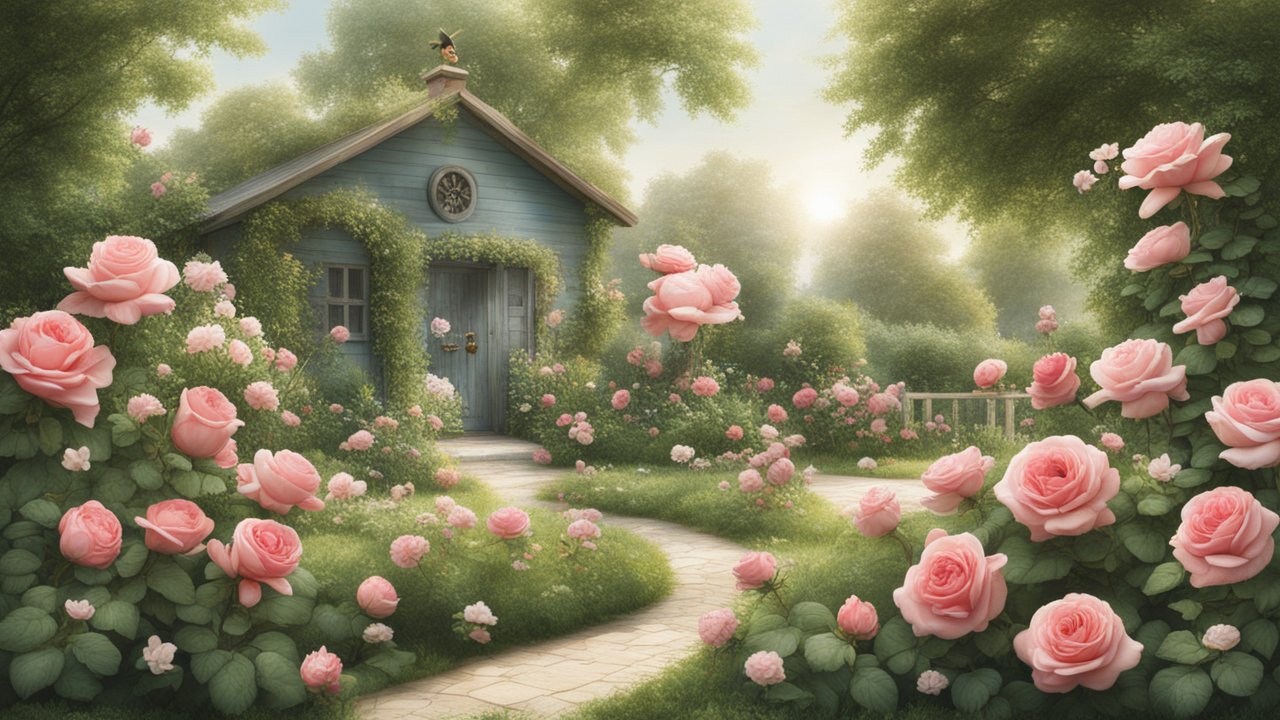 Tranquil Garden Cottage with Blooming Pink Roses