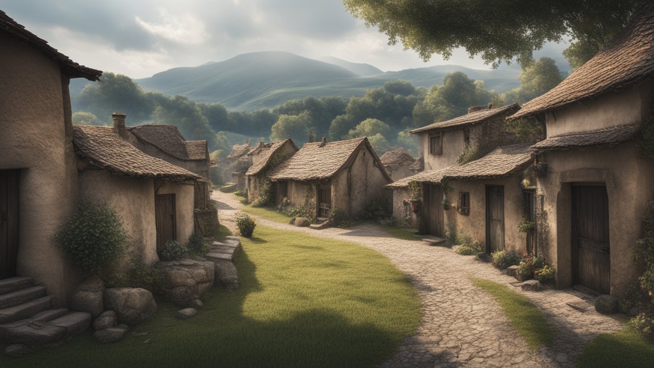 Tranquil Village Pathway with Rustic Houses and Rolling Hills