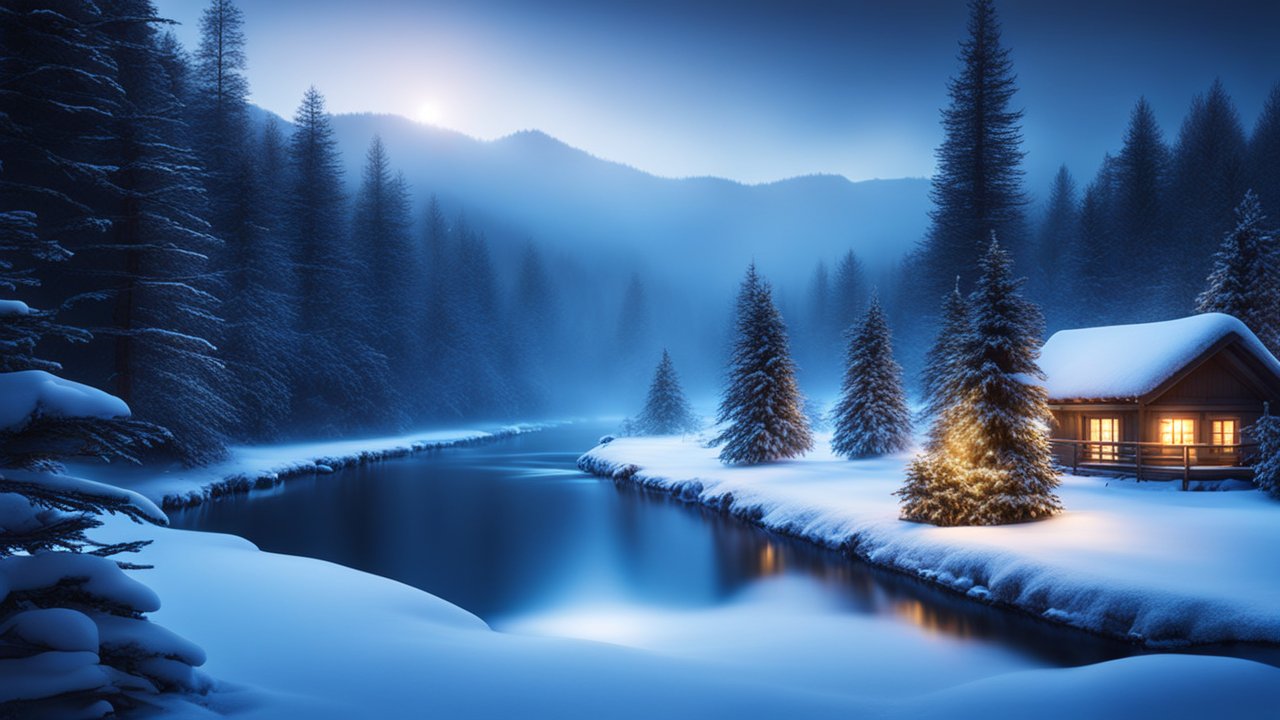 Tranquil Winter Fir Forest with Snow-Covered Cabin by River