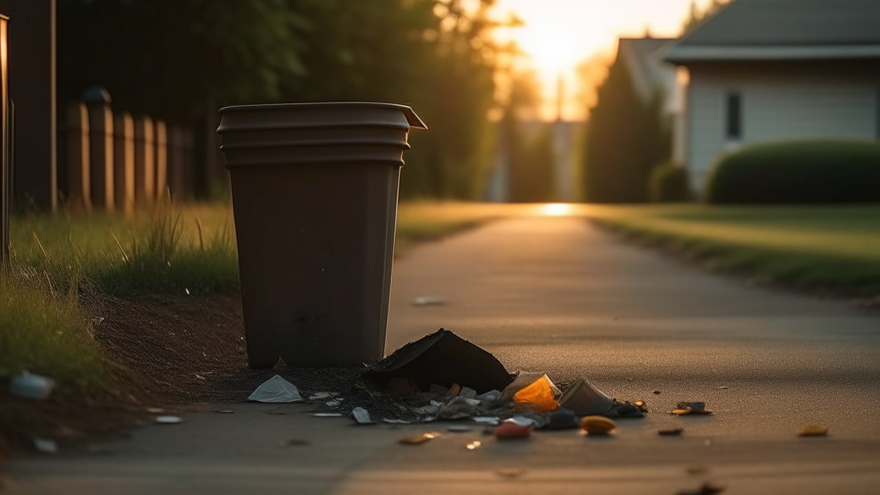 Trash Bin and Litter on Sidewalk at Sunset