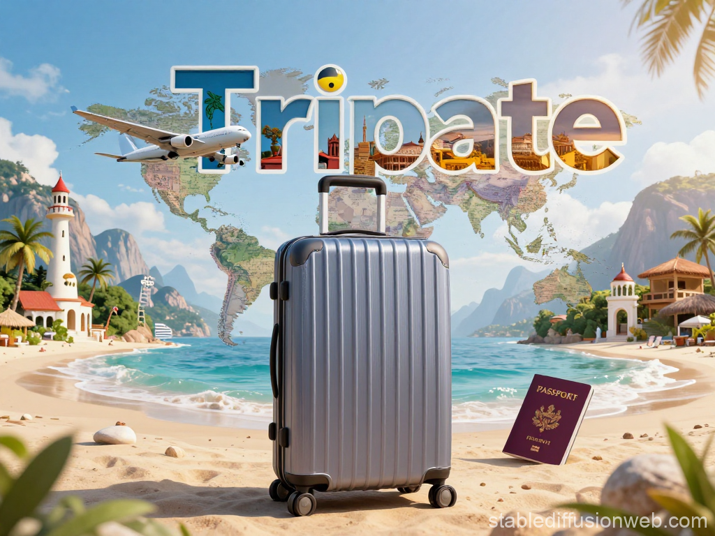 Travel Advertisement with Suitcase and Tropical Beach