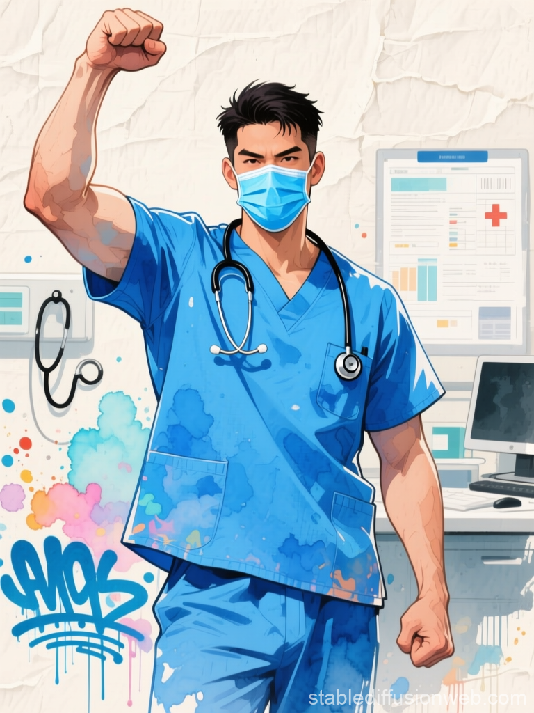 Triumphant Doctor in Blue Scrubs with Raised Fist