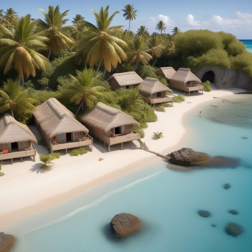 Tropical Beachfront Huts with Palm Trees and Clear Blue Water