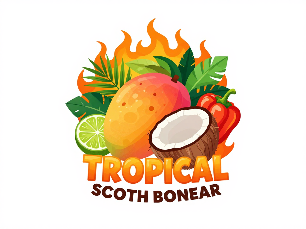 Tropical Caribbean Hot Sauce Logo with Fruits and Flames