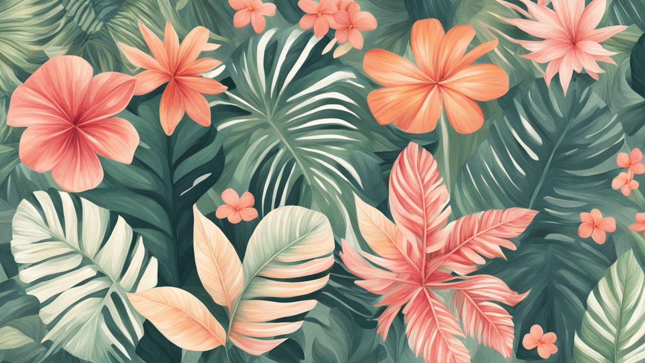 Tropical Floral Pattern with Soft Coral and Green Leaves