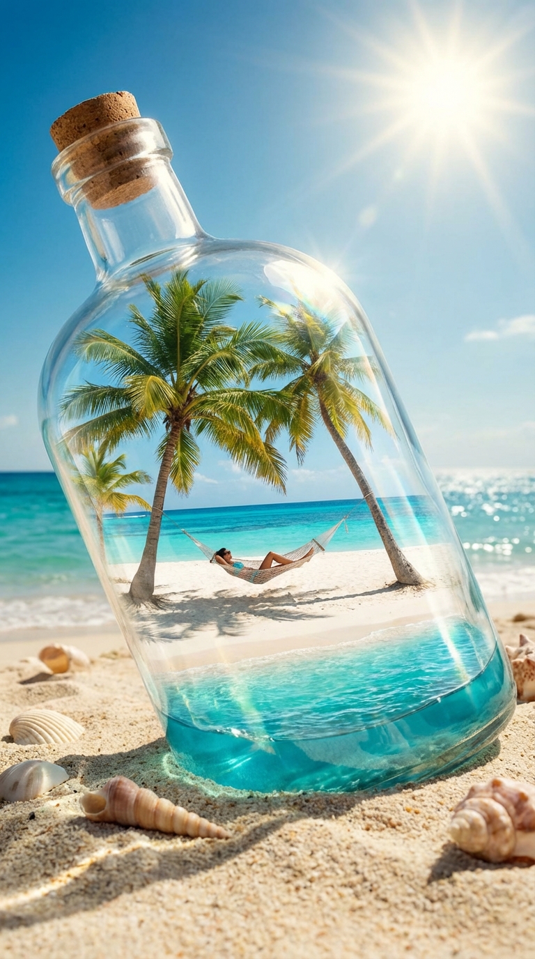 Tropical Island in a Bottle on Sunny Beach