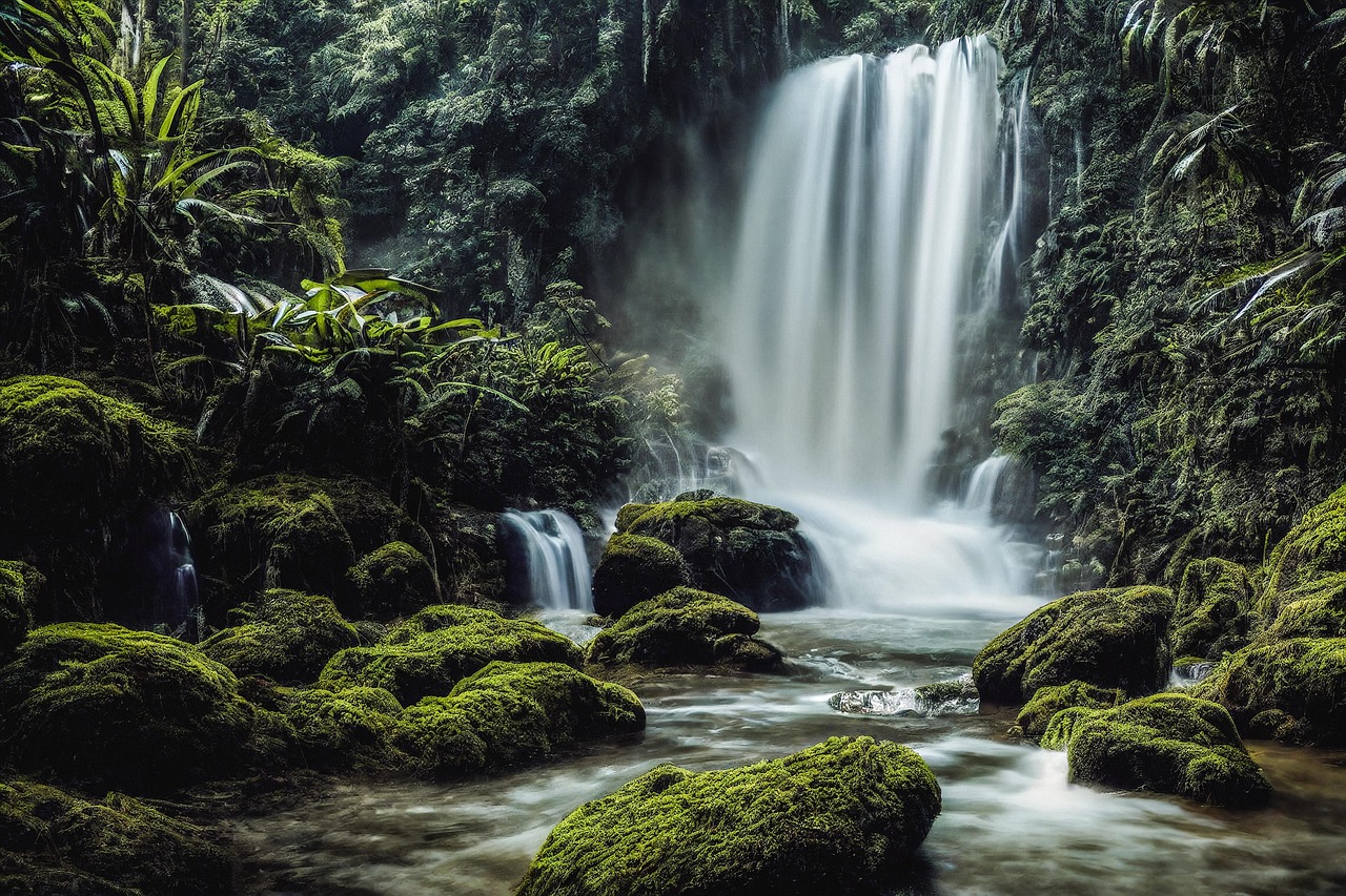 Tropical Jungle Waterfall with Moss-Covered Rocks