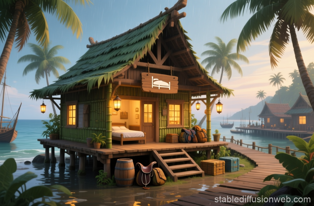 Tropical Medieval Inn by the Seaside at Sunset