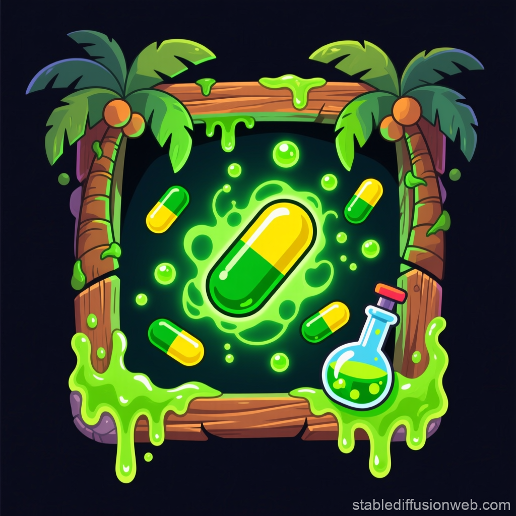 Tropical Toxic Capsule Icon with Green Slime and Palm Trees