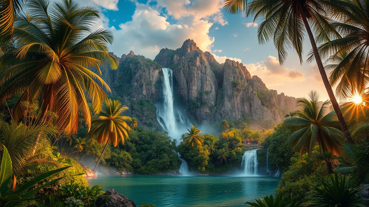 Tropical Waterfalls in a Lush Mountain Landscape
