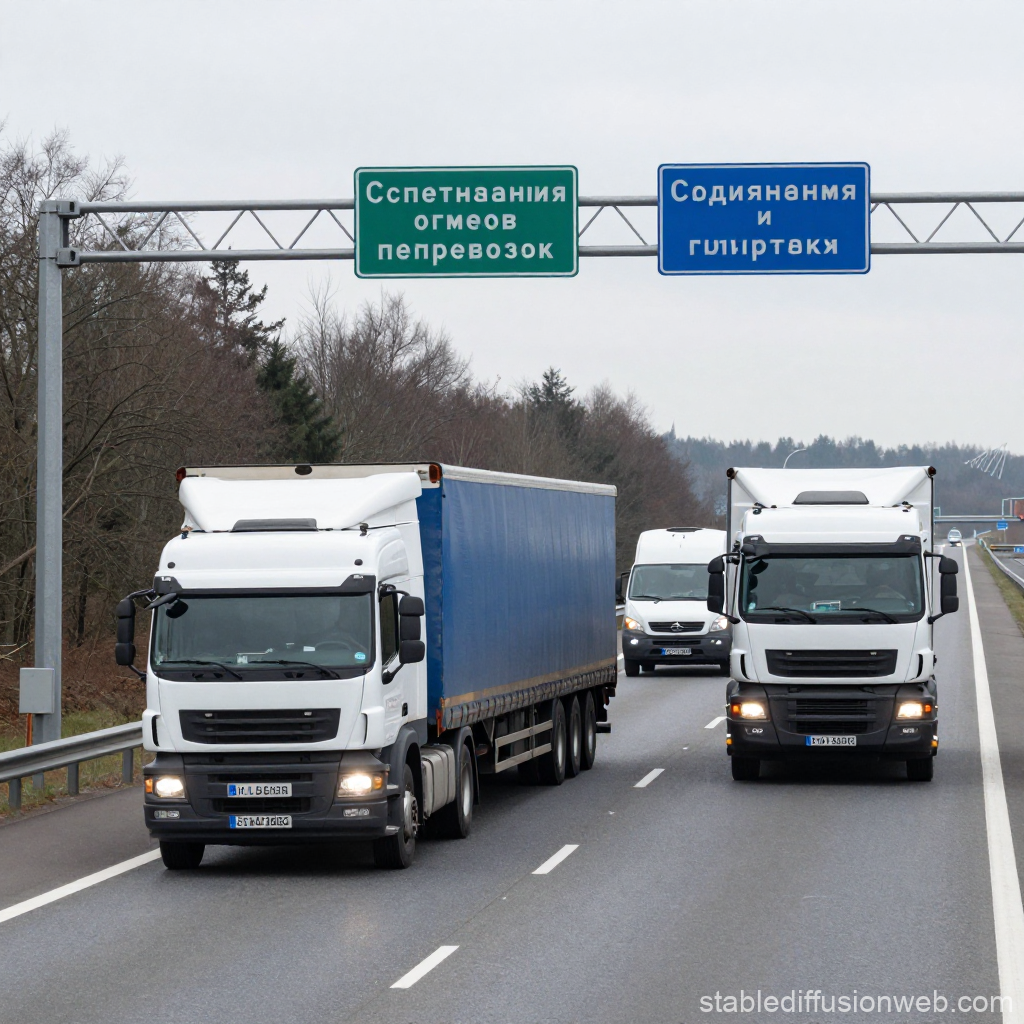 Trucks Driving on a German Highway with Overhead Signs