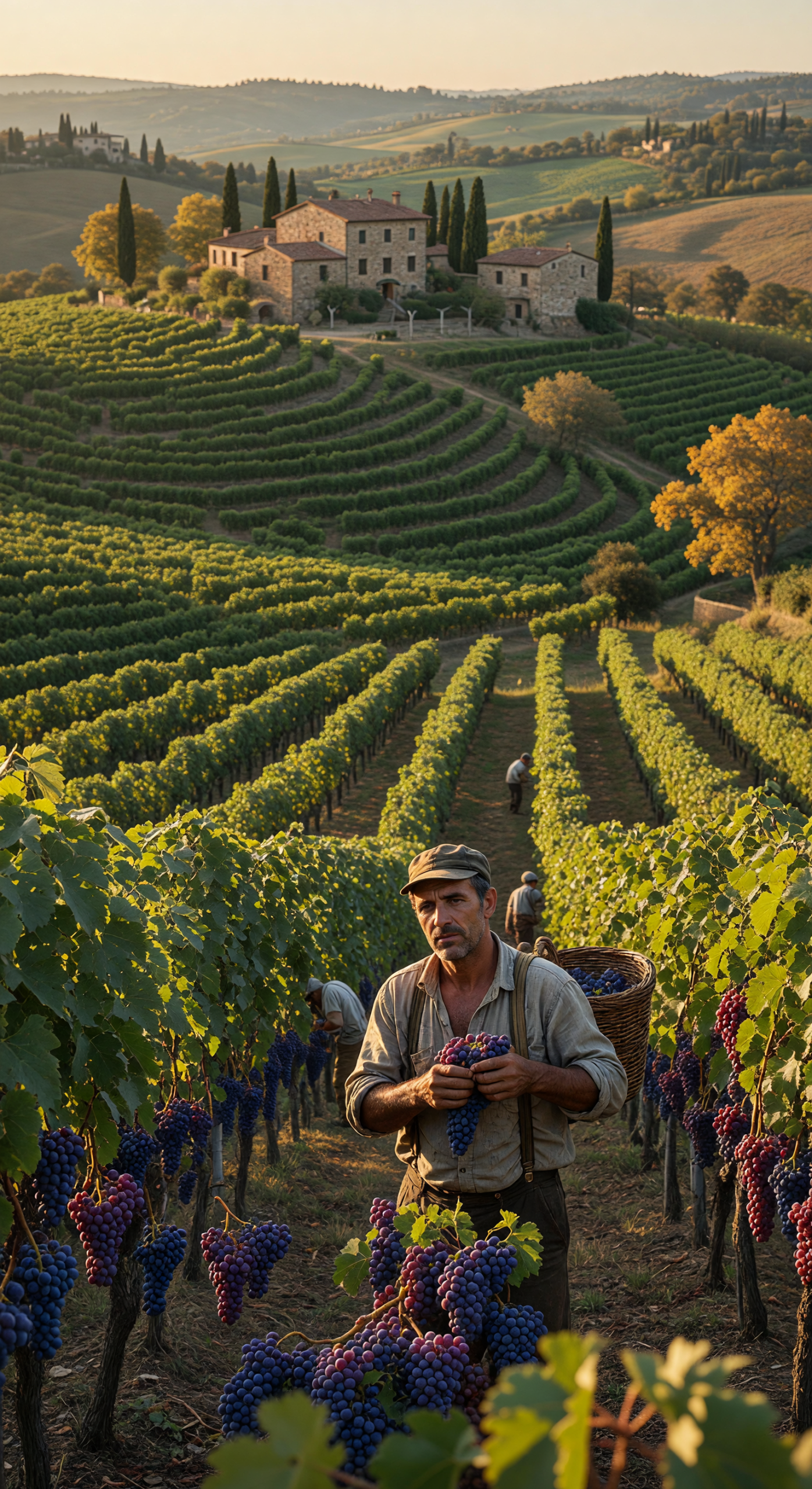 Tuscan Vineyard Harvest with Workers in Golden Light