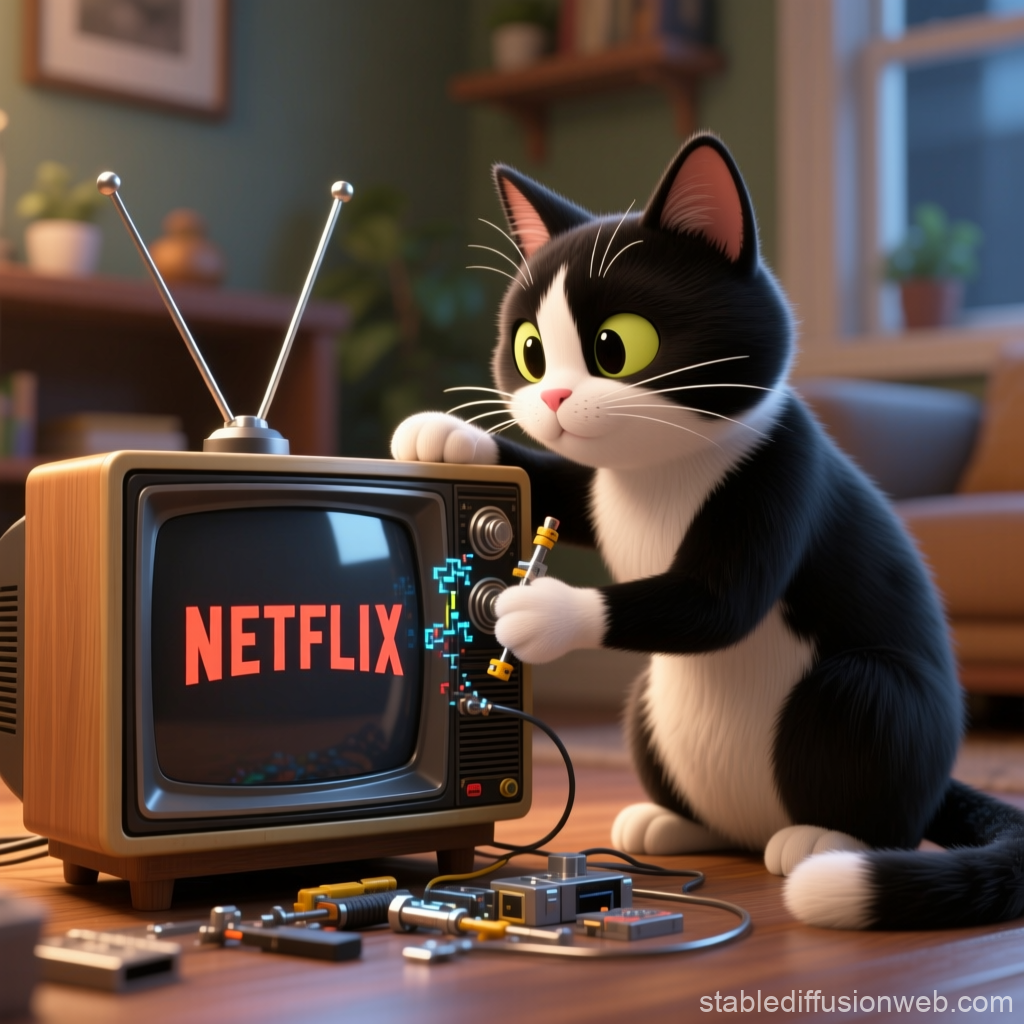 Tuxedo Cat Fixing Vintage TV with Netflix Display