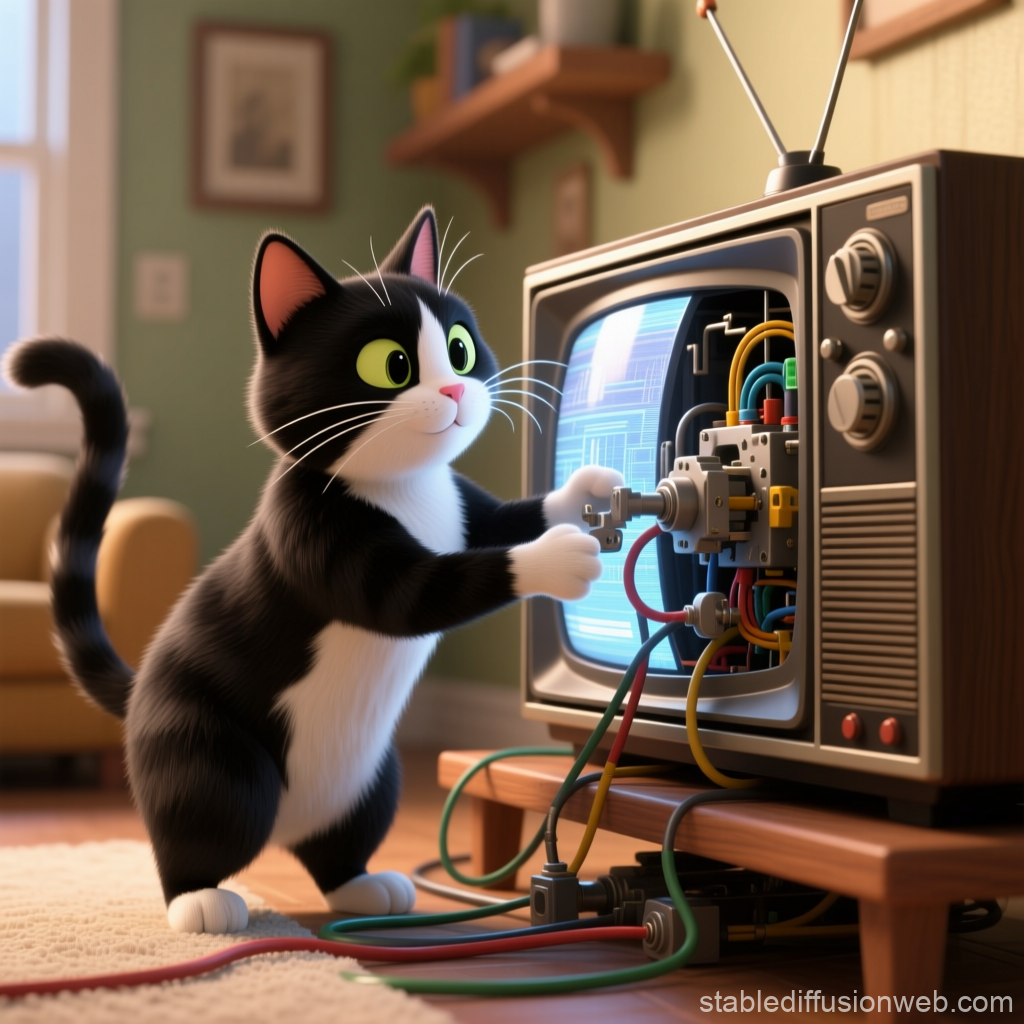 Tuxedo Cat Repairing Vintage TV in Cozy Room