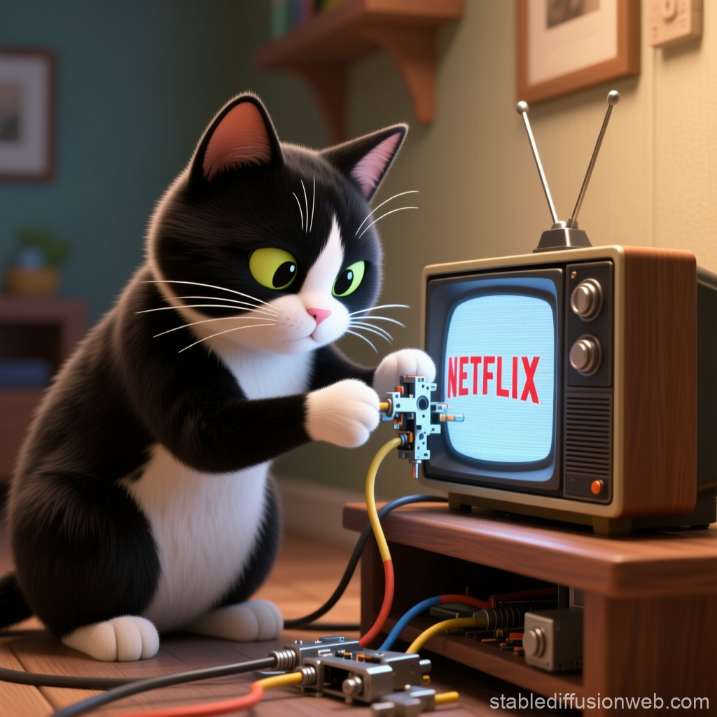 Tuxedo Cat Repairing Vintage TV with Netflix Screen