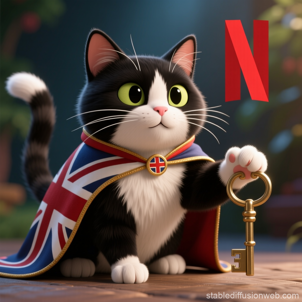 Tuxedo Cat Wearing British Flag Cape Holding Golden Key