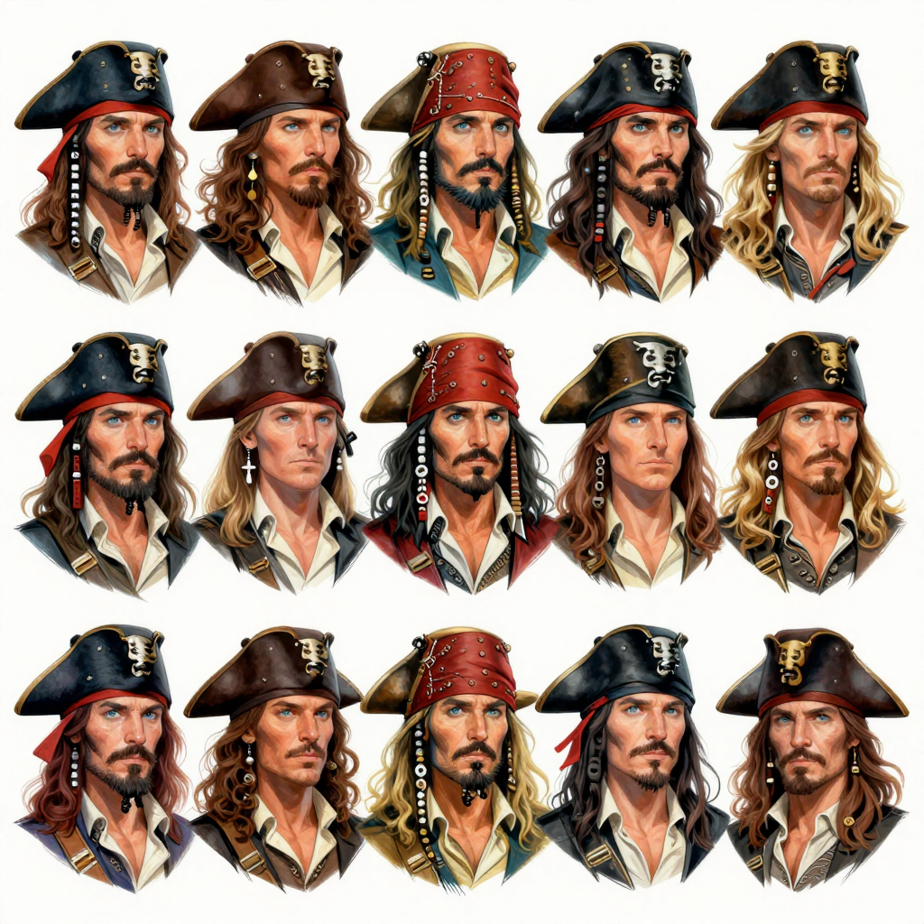 Twelve Detailed Swashbuckler Pirate Faces in Various Hats