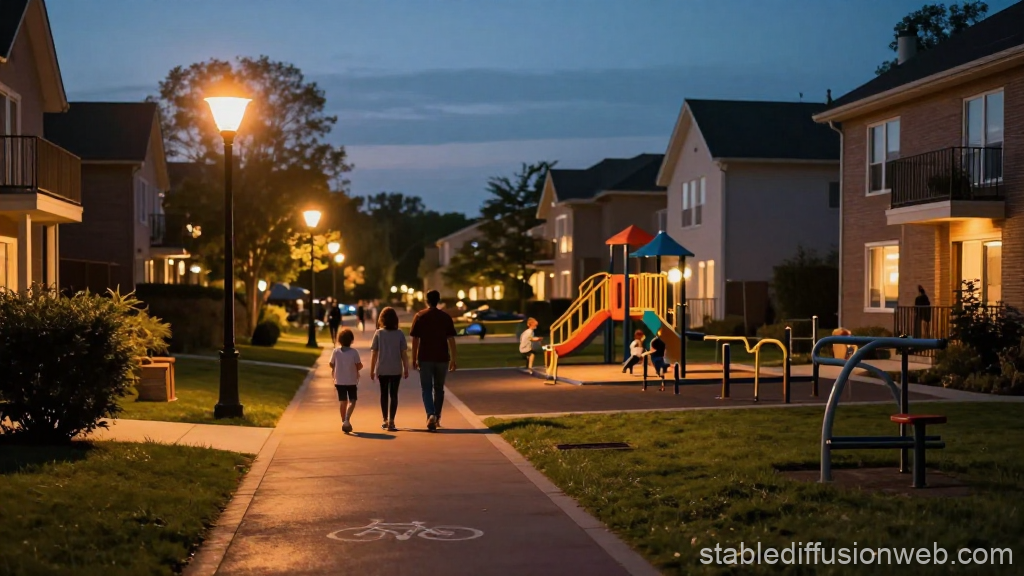 Twilight Residential Street with Playground and Families