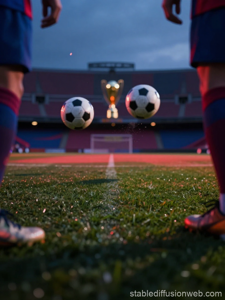 Twilight Soccer Match with Floating Balls and Trophy