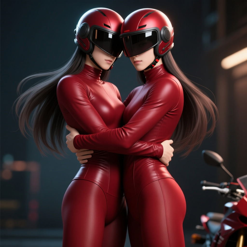 Twin Riders in Matching Wine Red Suits and Helmets