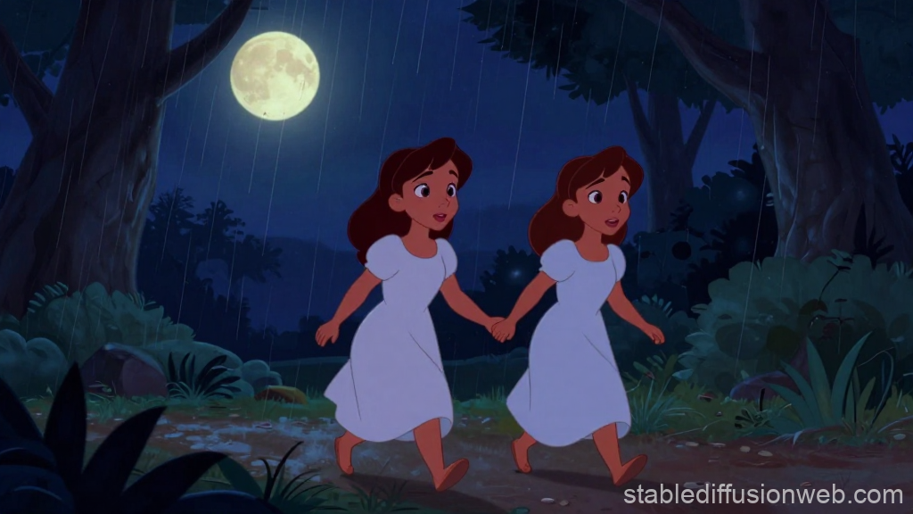 Twins Walking Hand in Hand on a Rainy Night