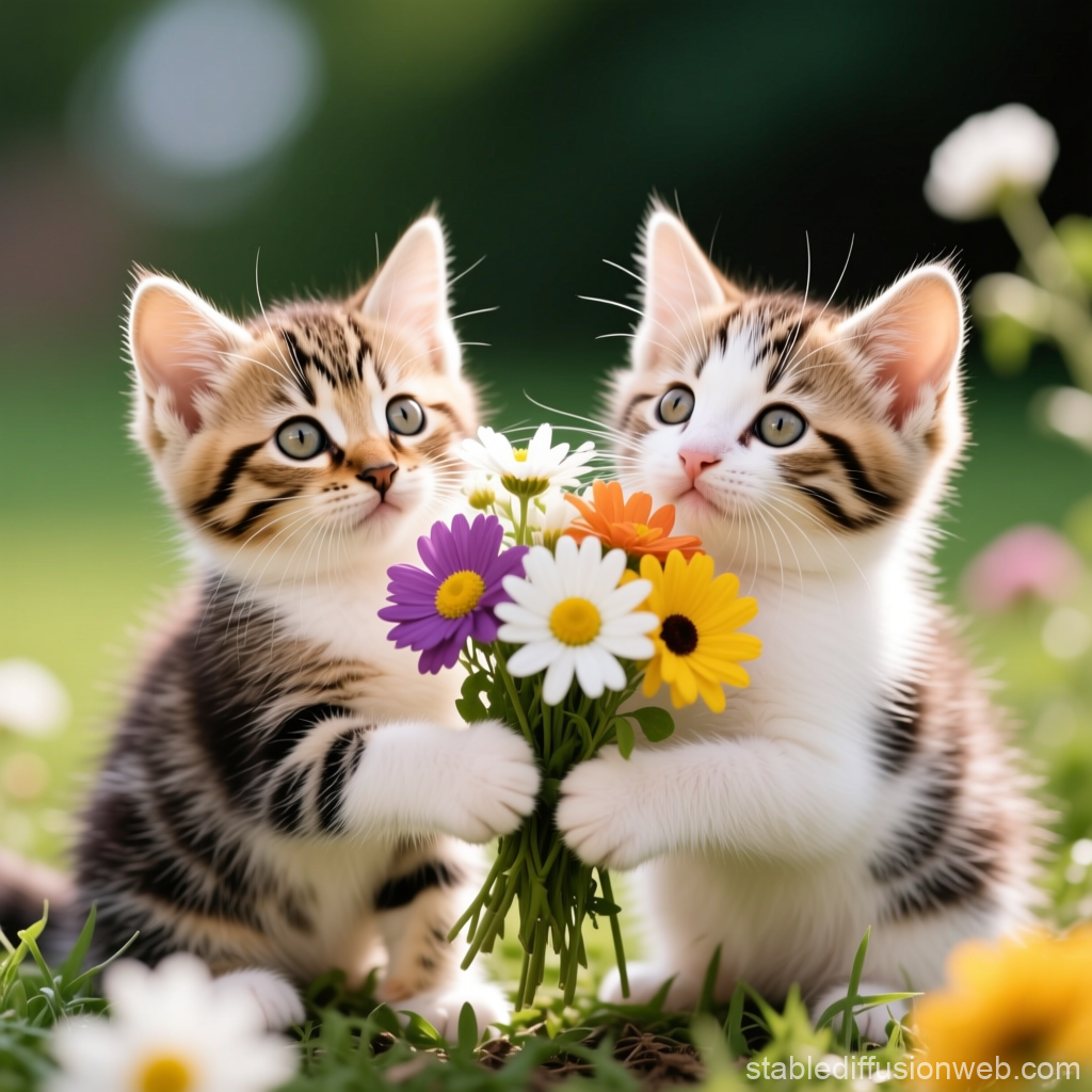 Two Adorable Kittens Holding a Colorful Bouquet of Flowers