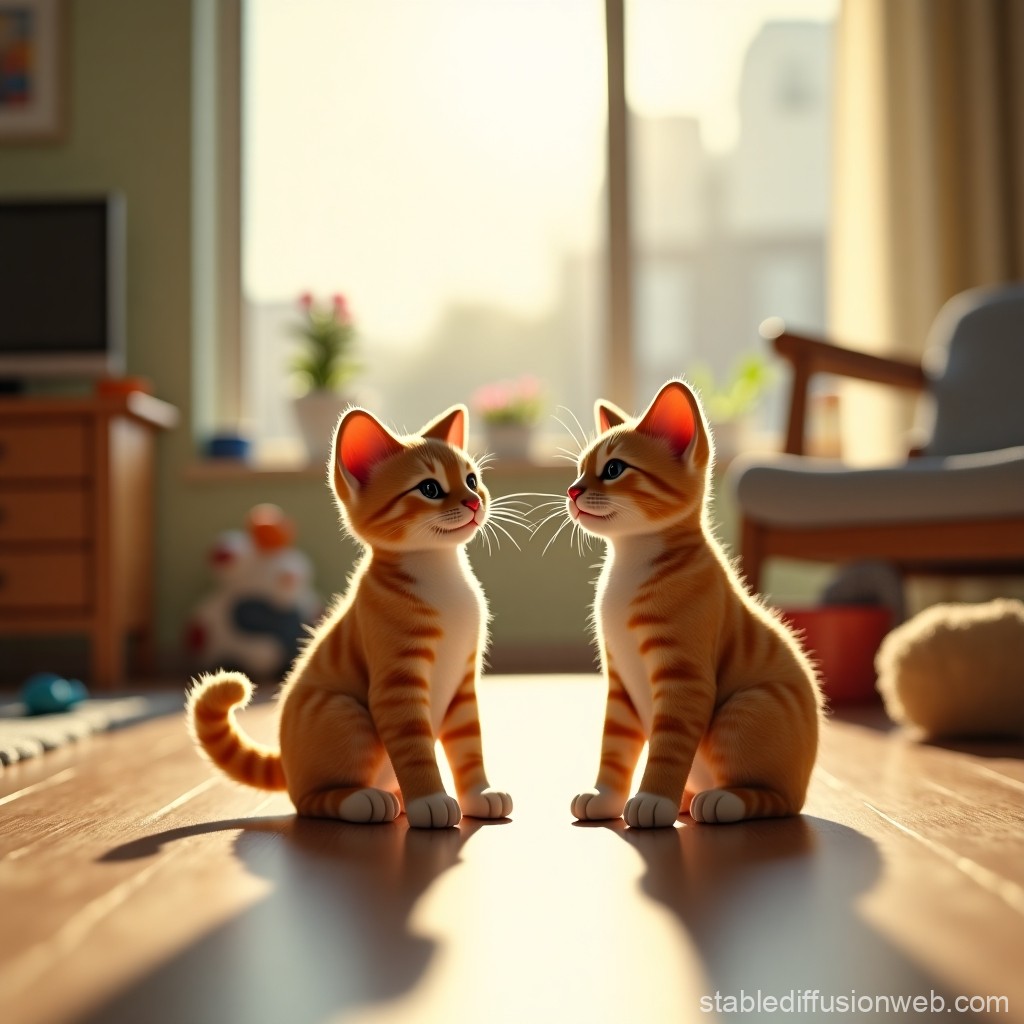 Two Adorable Orange Tabby Kittens Sitting Face to Face Indoors