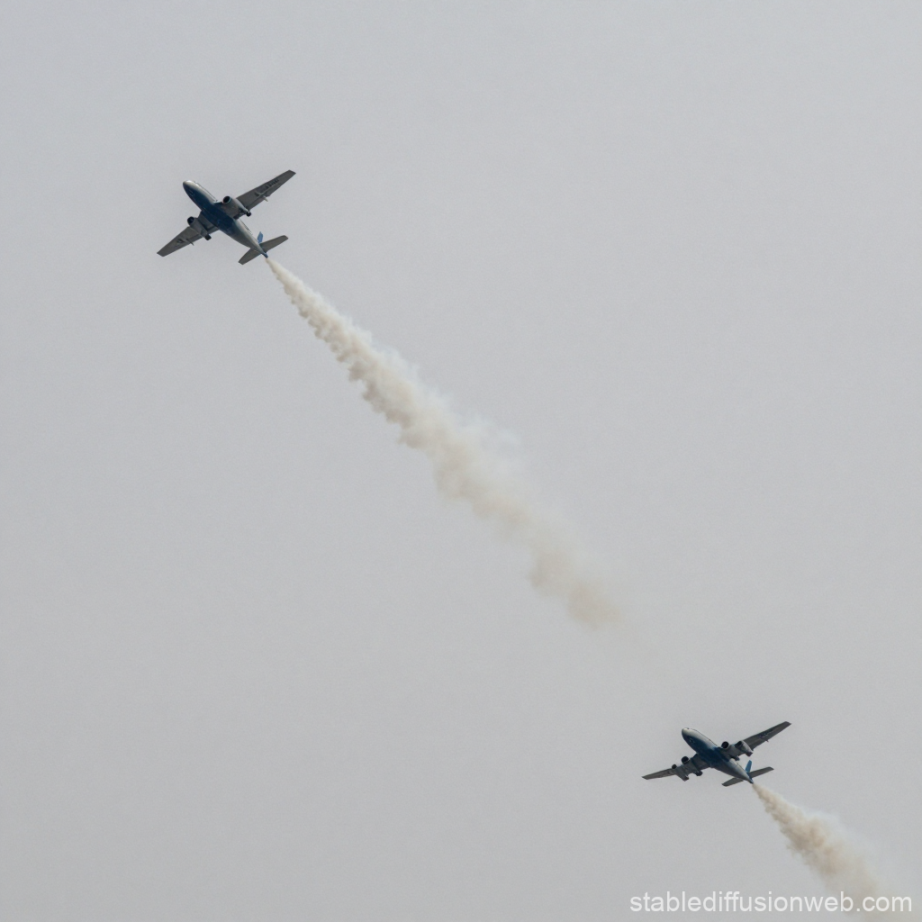 Two Airplanes Emitting Smoke Trails in Overcast Sky