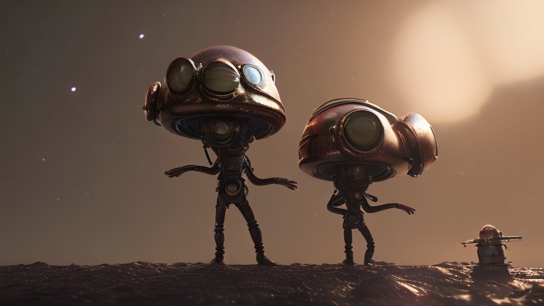 Two Alien Astronauts Exploring an Alien Landscape