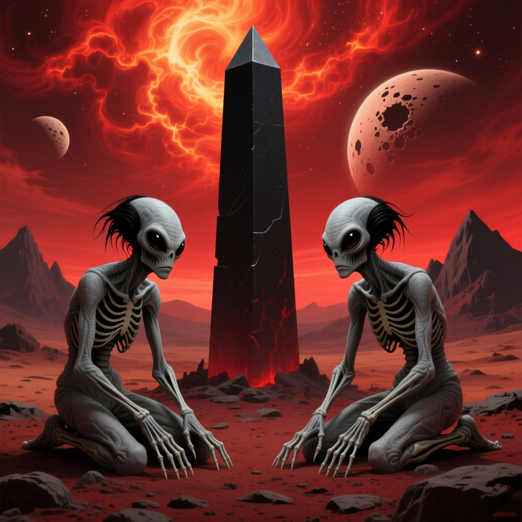 Two Alien Figures Kneeling by a Monolithic Obelisk on a Red Planet