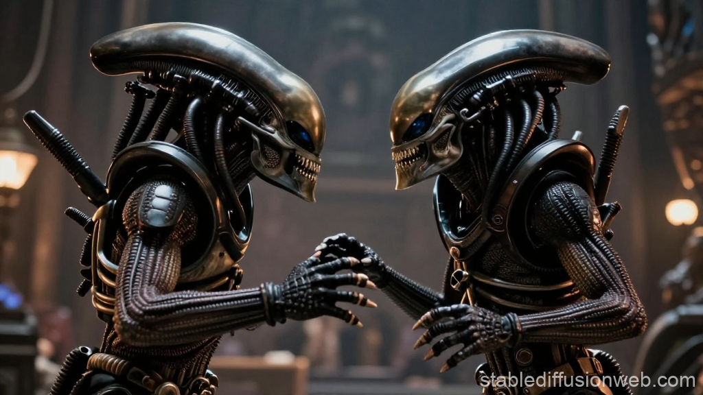 Two Alien Warriors Facing Off in Intense Standoff