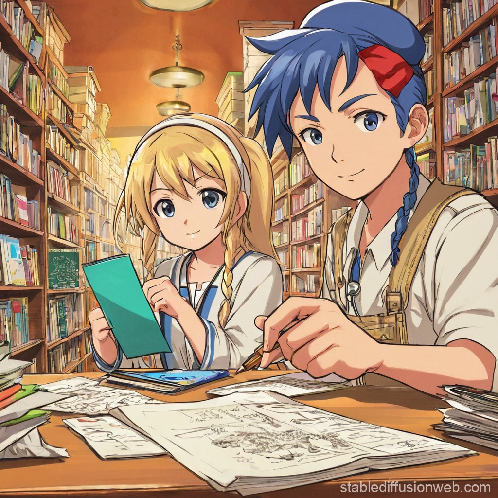 Two Anime Characters Studying in a Cozy Library
