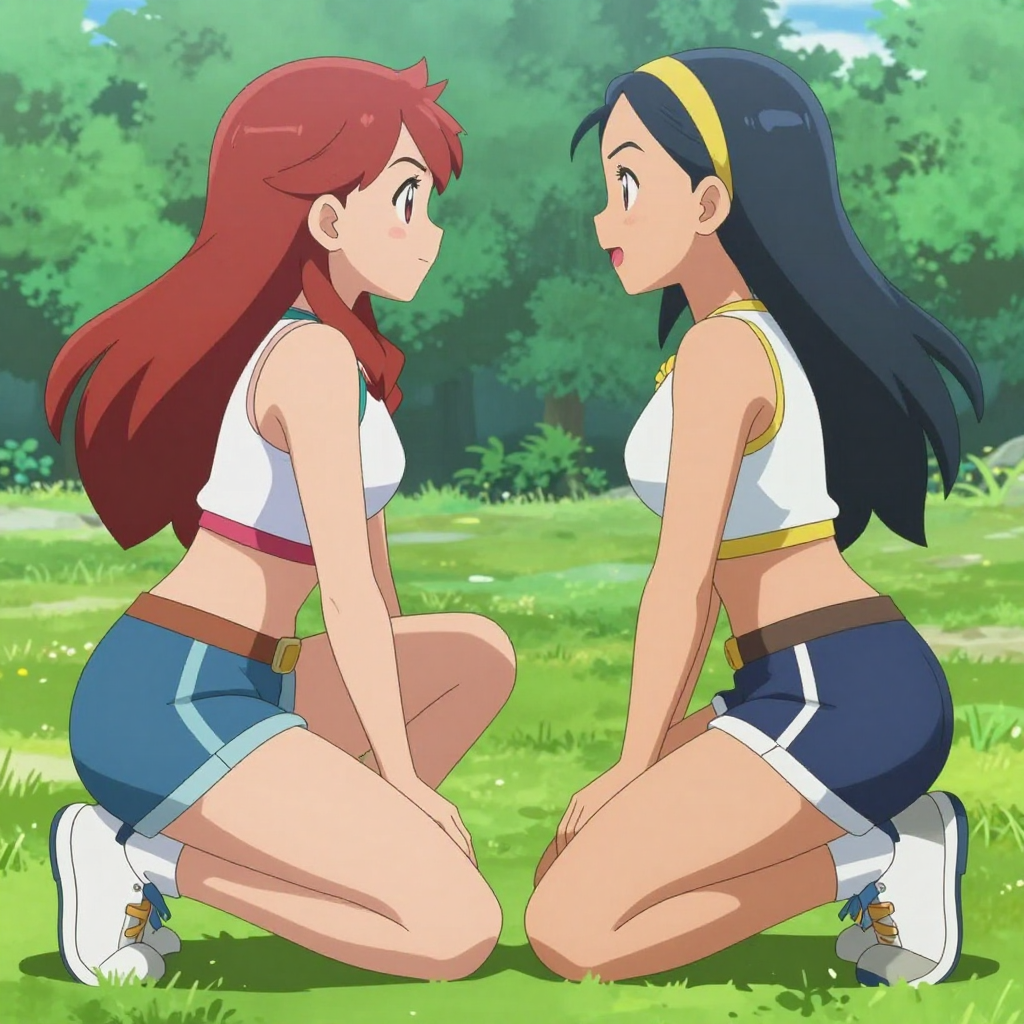 Two Anime Girls Squatting Face to Face Outdoors