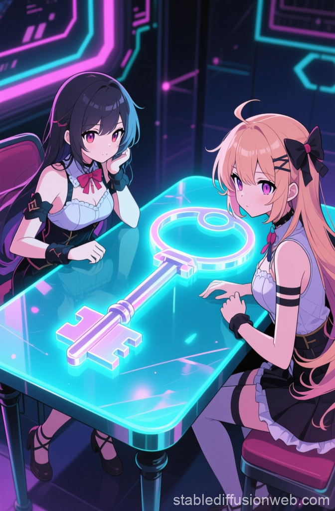 Two Anime Girls with Glowing Key on Futuristic Table