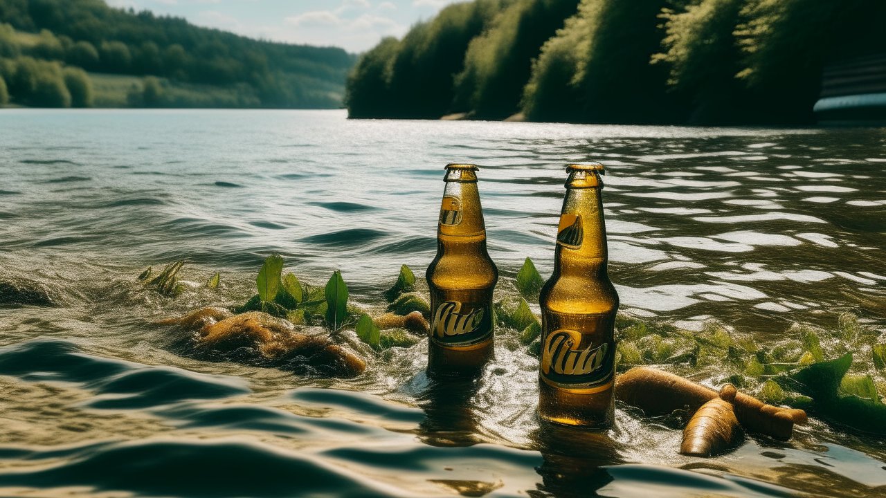 Two Beer Bottles in a River with Lush Green Surroundings