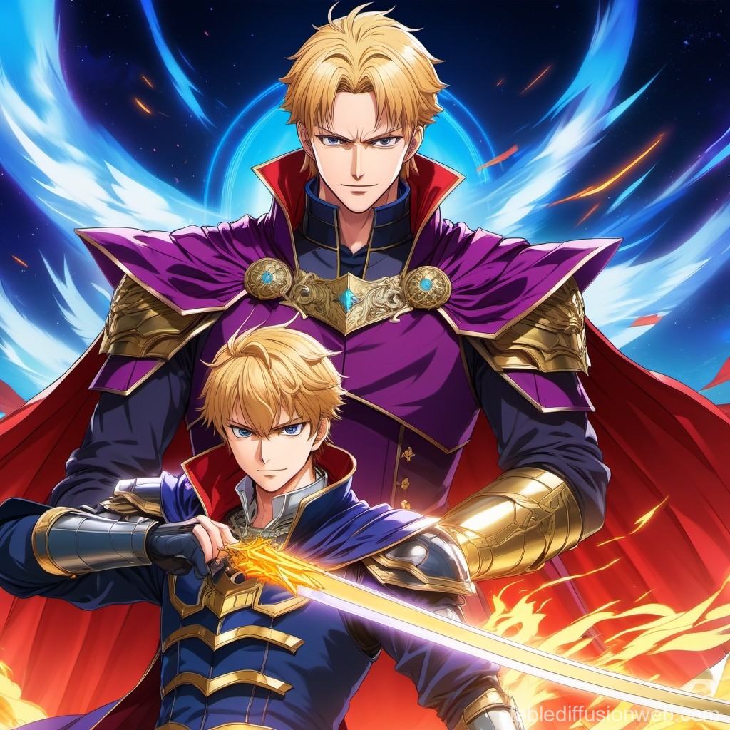 Two Blonde Knights in Majestic Armor with Fiery Sword