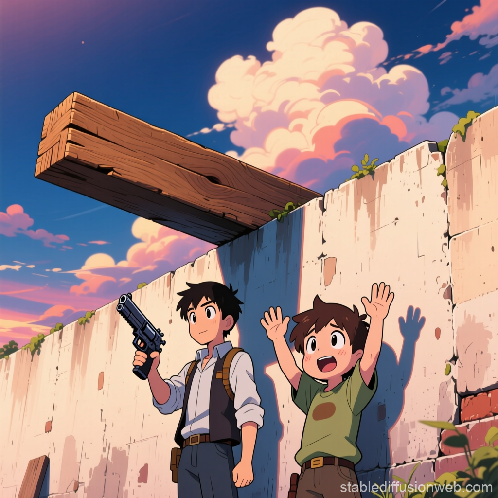 Two Boys with Gun and Raised Hands by a Wall at Sunset