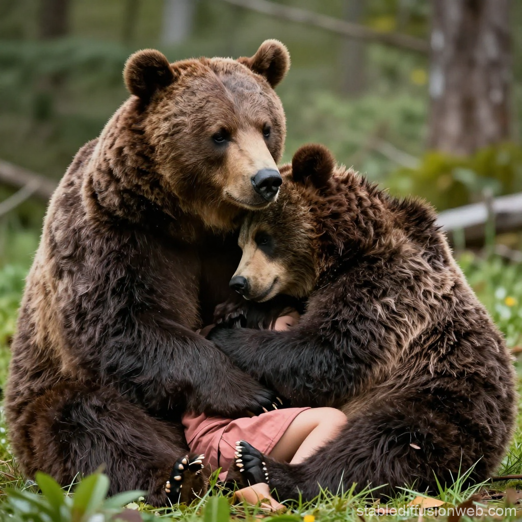 Two Brown Bears Snuggling in a Forest