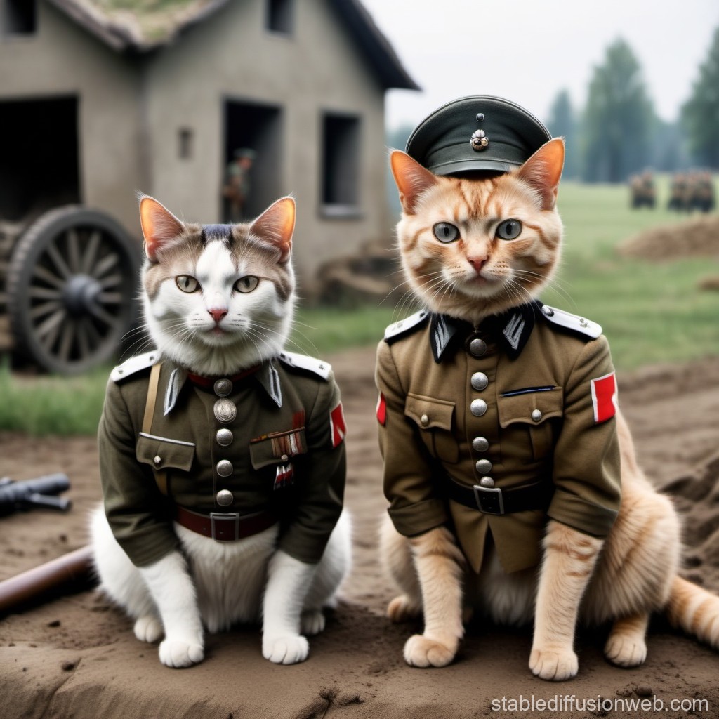 Two Cats in Military Uniforms in a Historical Setting