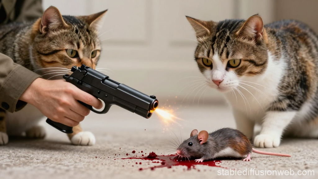 Two Cats Observing a Mouse Shot by a Handgun