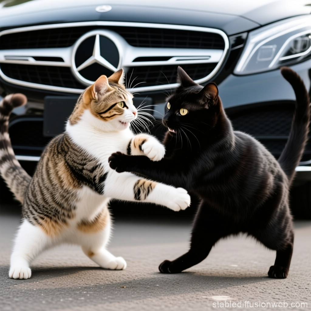 Two Cats Playfully Sparring in Front of a Mercedes Car