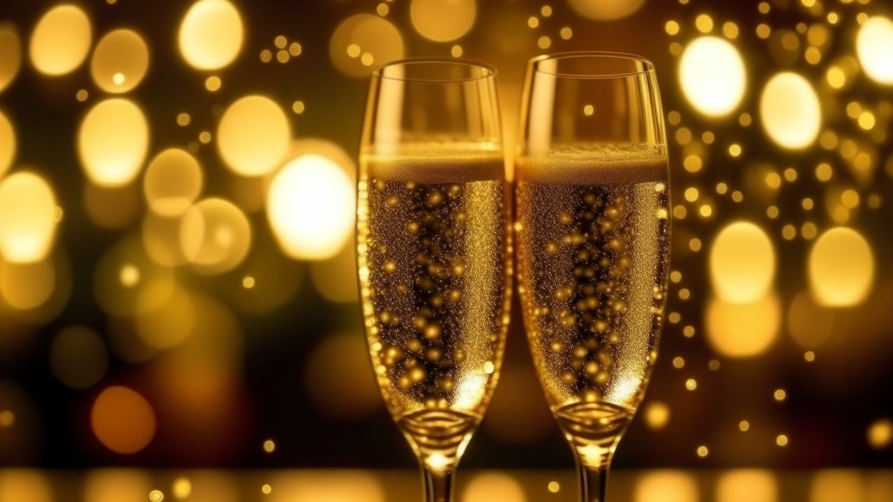Two Champagne Glasses with Festive Golden Bokeh Lights