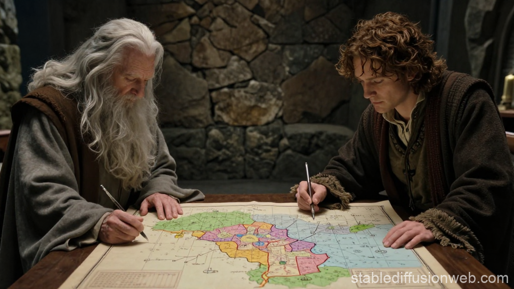 Two Characters Strategizing Over a Colorful Map
