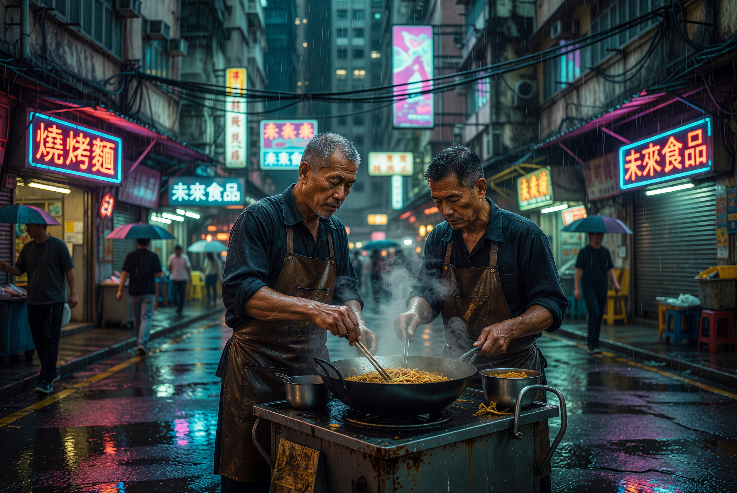 Two Chefs Cooking Noodles on Rainy Neon-Lit Street