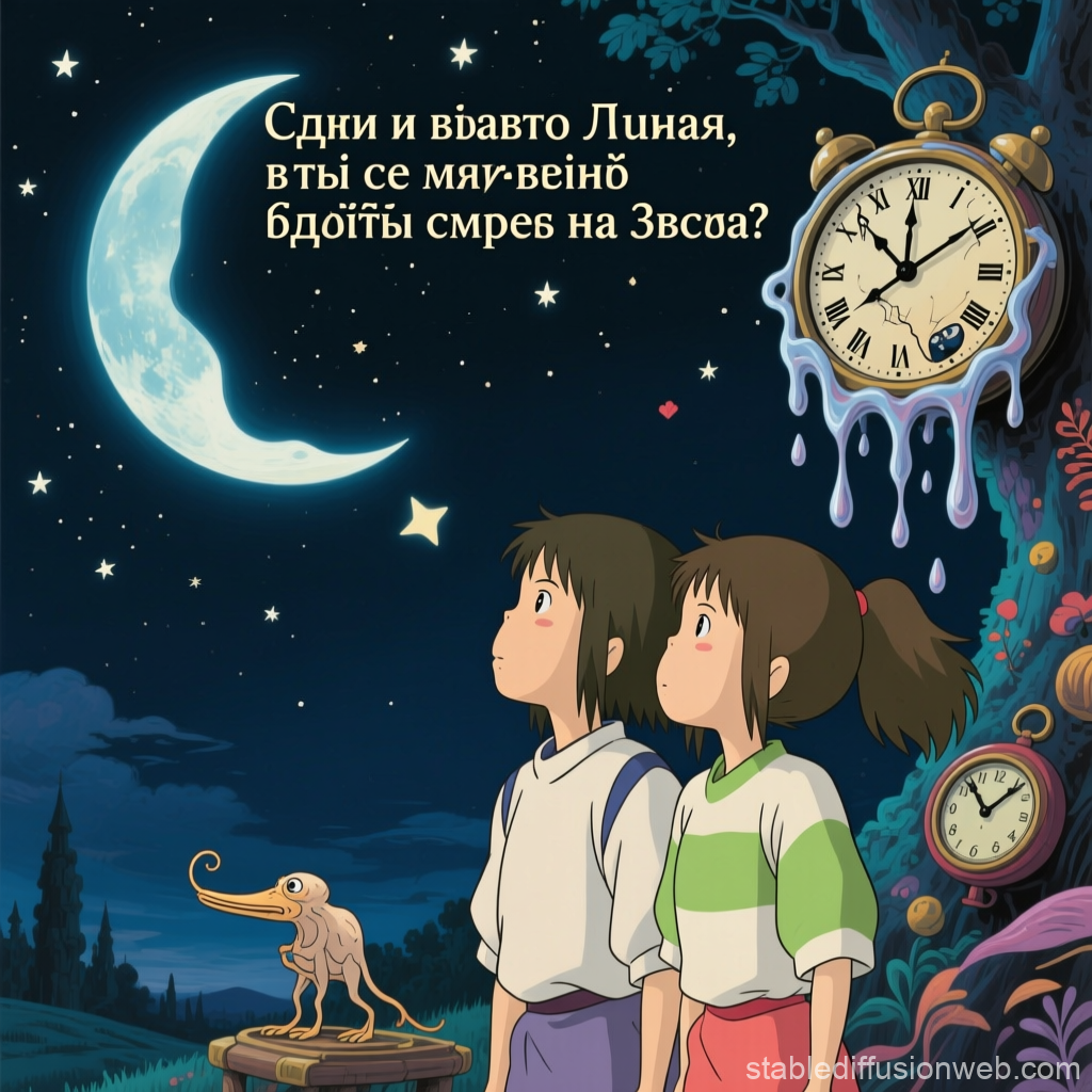 Two Children Gazing at the Moon and Melting Clock in Anime Style