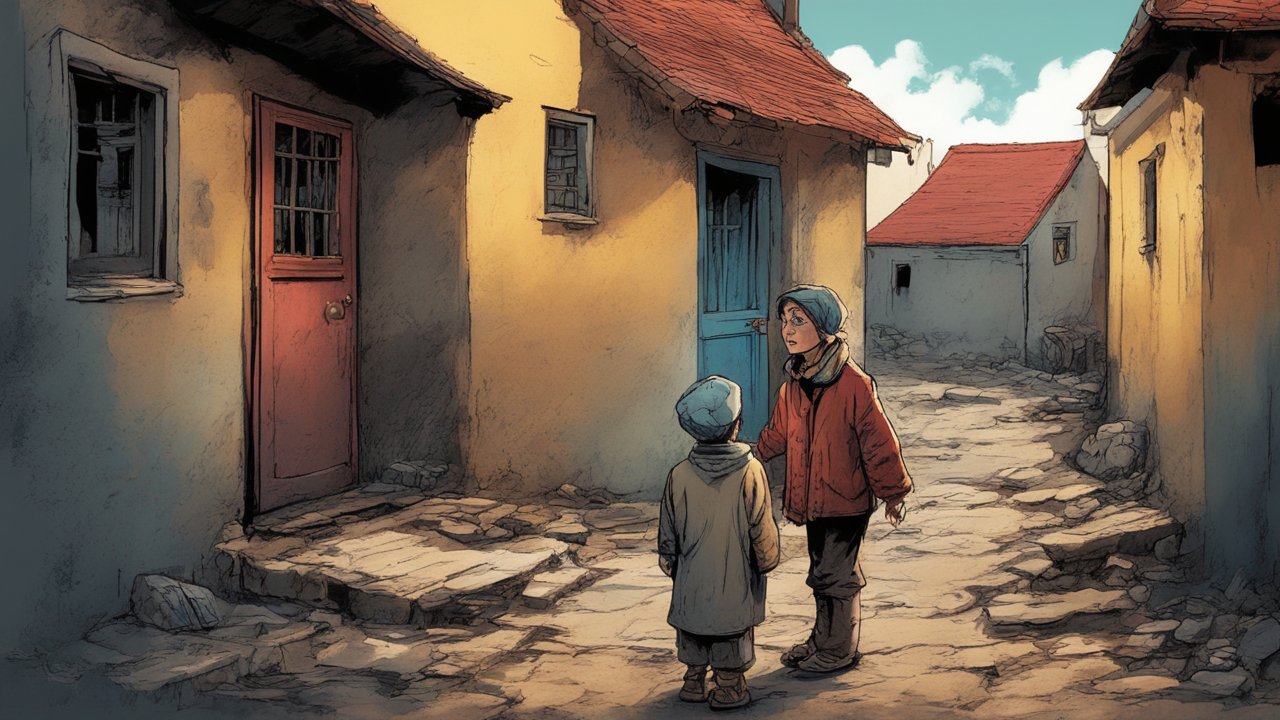 Two Children in a Quiet Village Alley