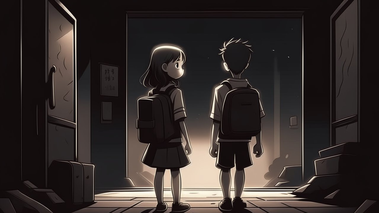 Two Children Standing in Dimly Lit Doorway