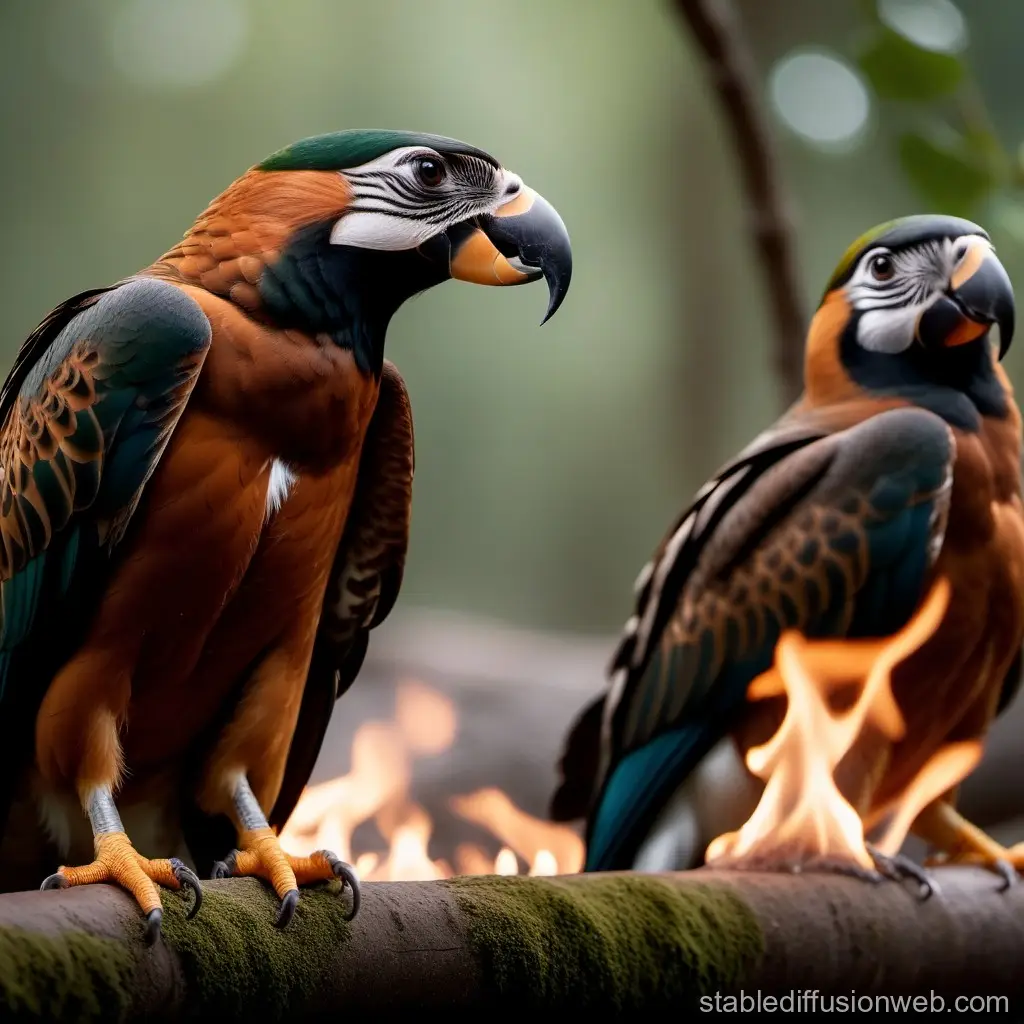 Two Colorful Parrots Perched on a Branch with Flames
