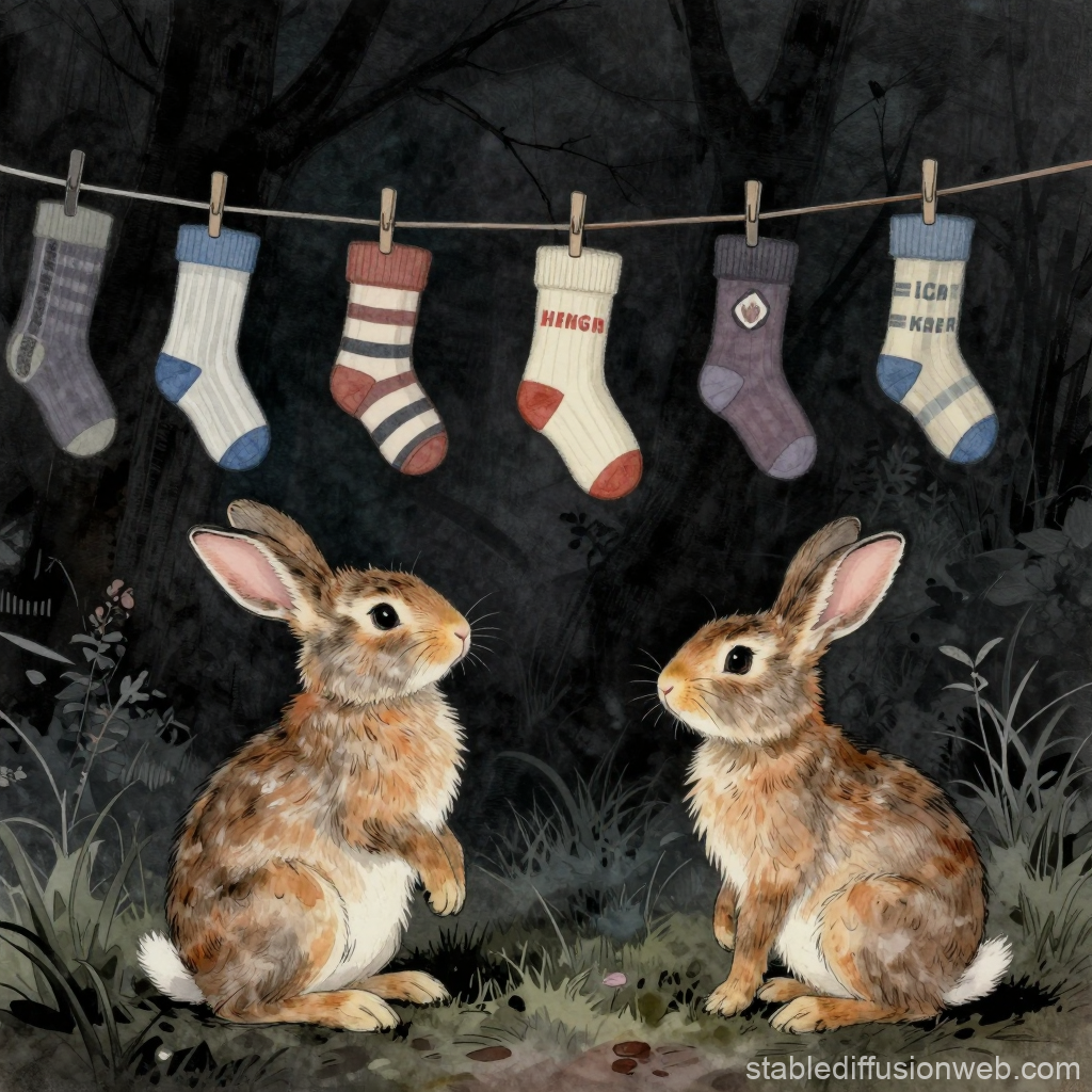 Two Curious Rabbits Under Hanging Socks at Night
